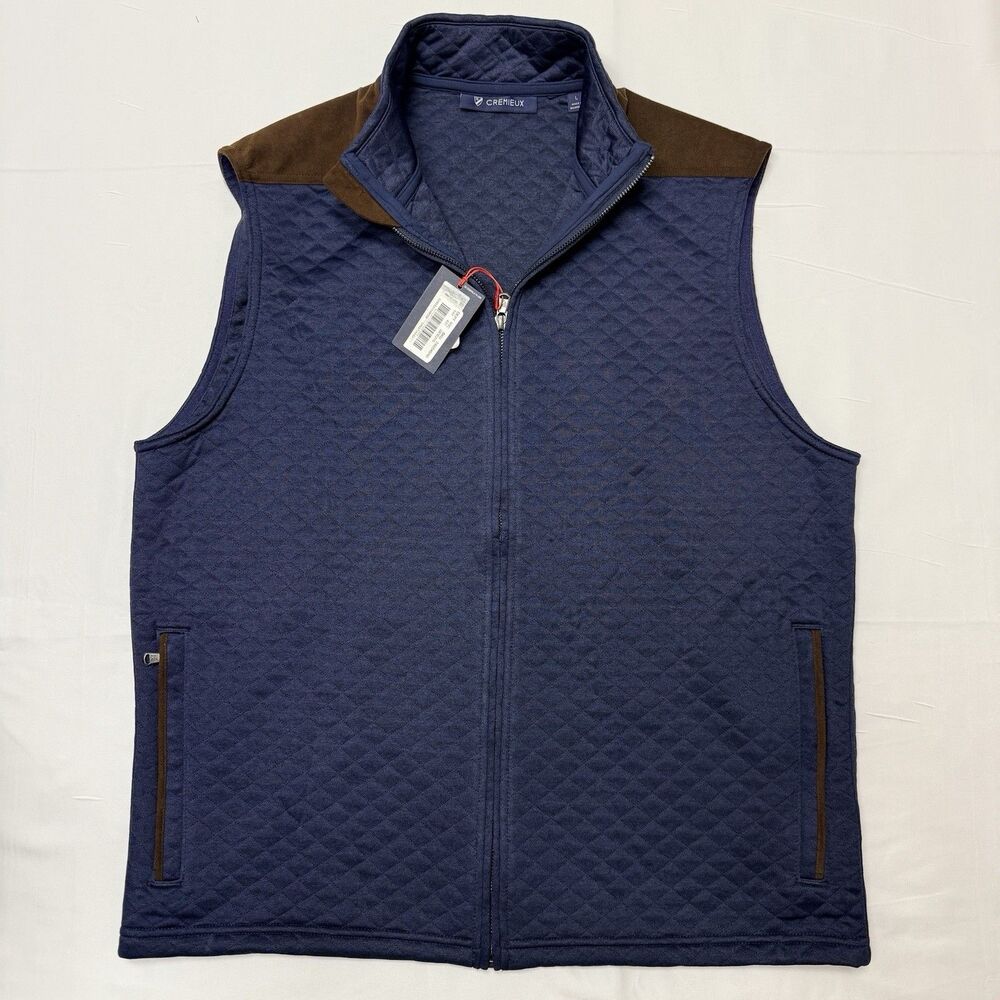 NWT Cremieux Men’s Large Classics Quilted Vest Zip Up Vest Navy Blue Brown NEW